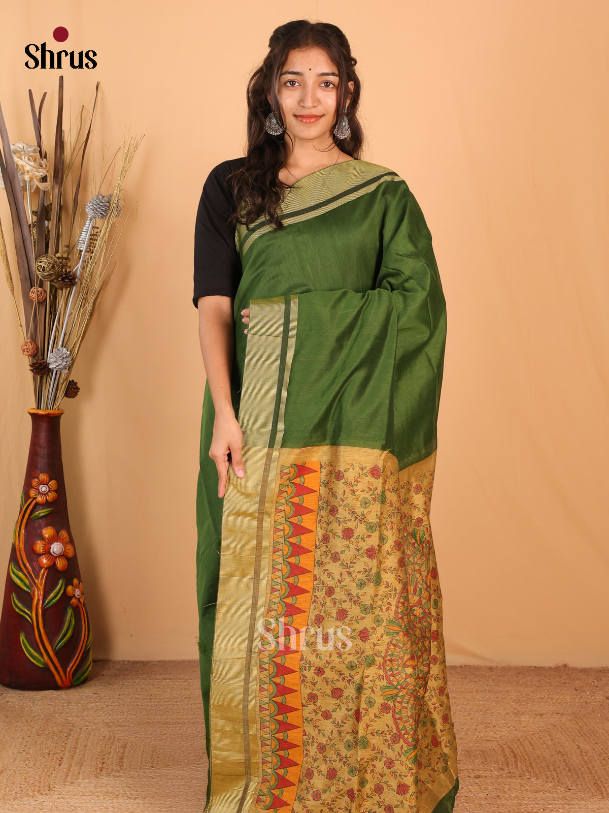 Green & Beige - Bengal cotton Saree - Shop on Shrus.com