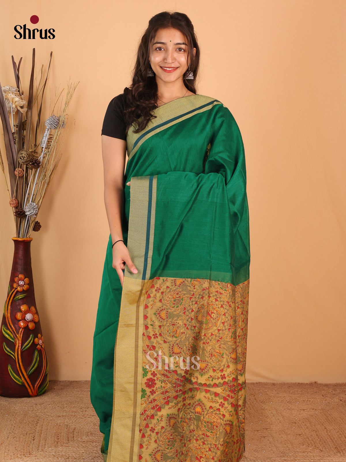 Green & Beige - Bengal cotton Saree - Shop on Shrus.com