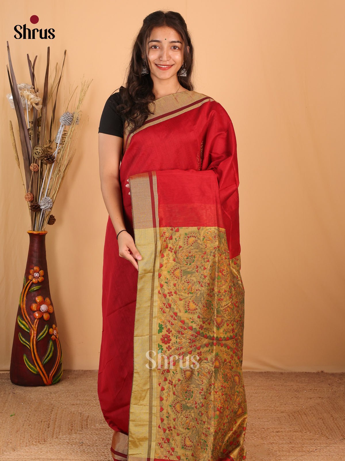 Red & Beige - Bengal cotton Saree - Shop on Shrus.com