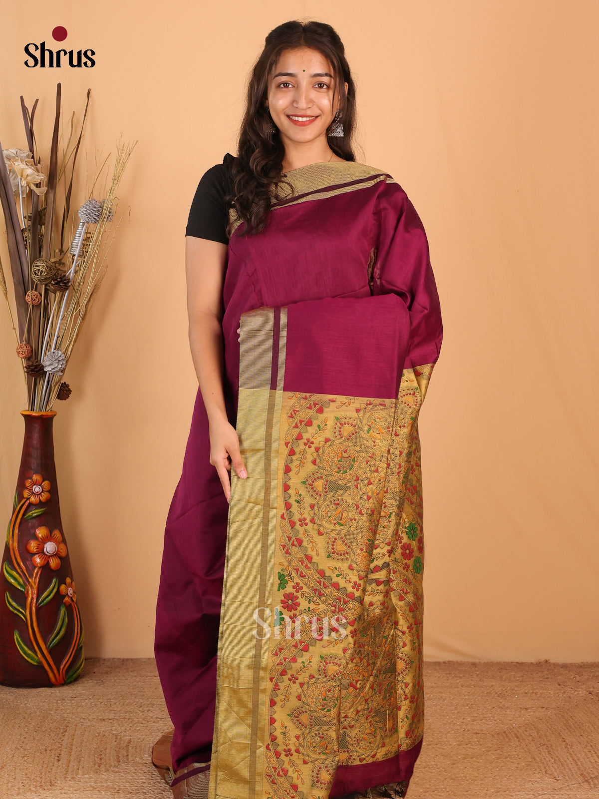 Wine & Beige - Bengal cotton Saree - Shop on Shrus.com