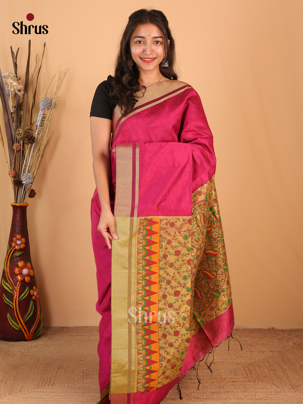 Majenta Pink & Beige - Bengal cotton Saree - Shop on Shrus.com