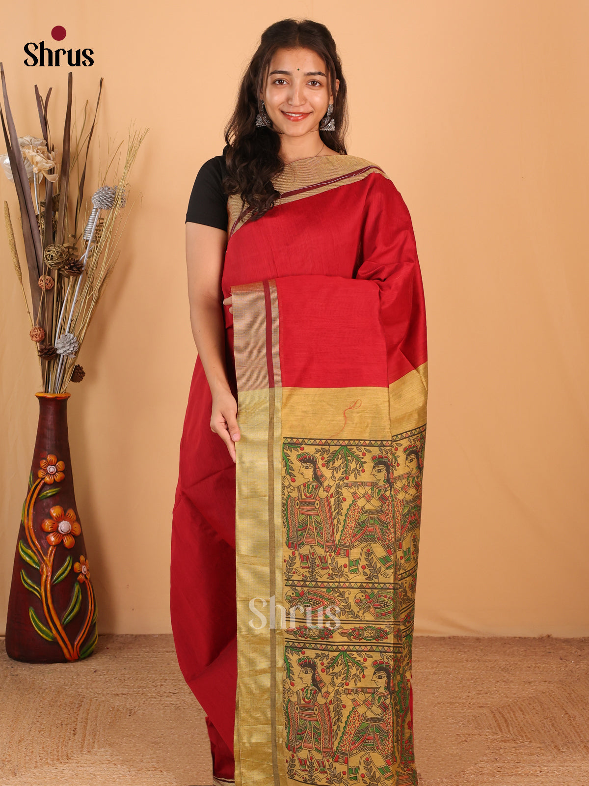 Red & Beige - Bengal cotton Saree - Shop on Shrus.com