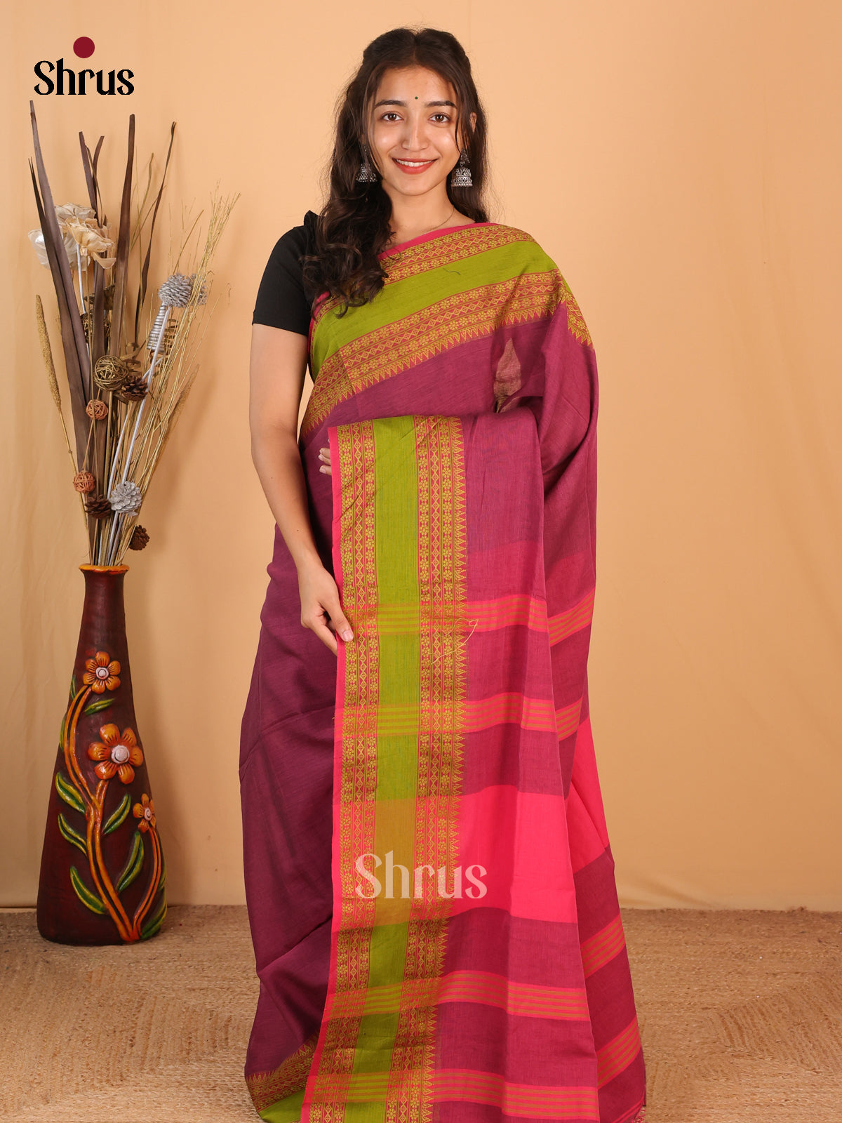 Purple & Pink - Bengal cotton Saree - Shop on Shrus.com