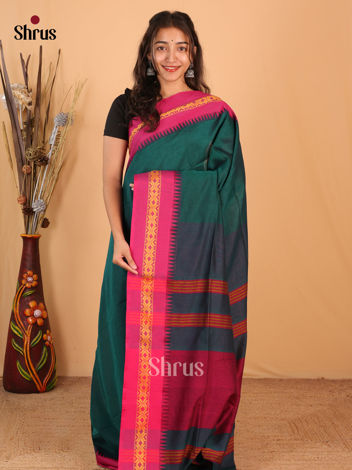 Peacock Green & Pink - Bengal cotton Saree - Shop on Shrus.com