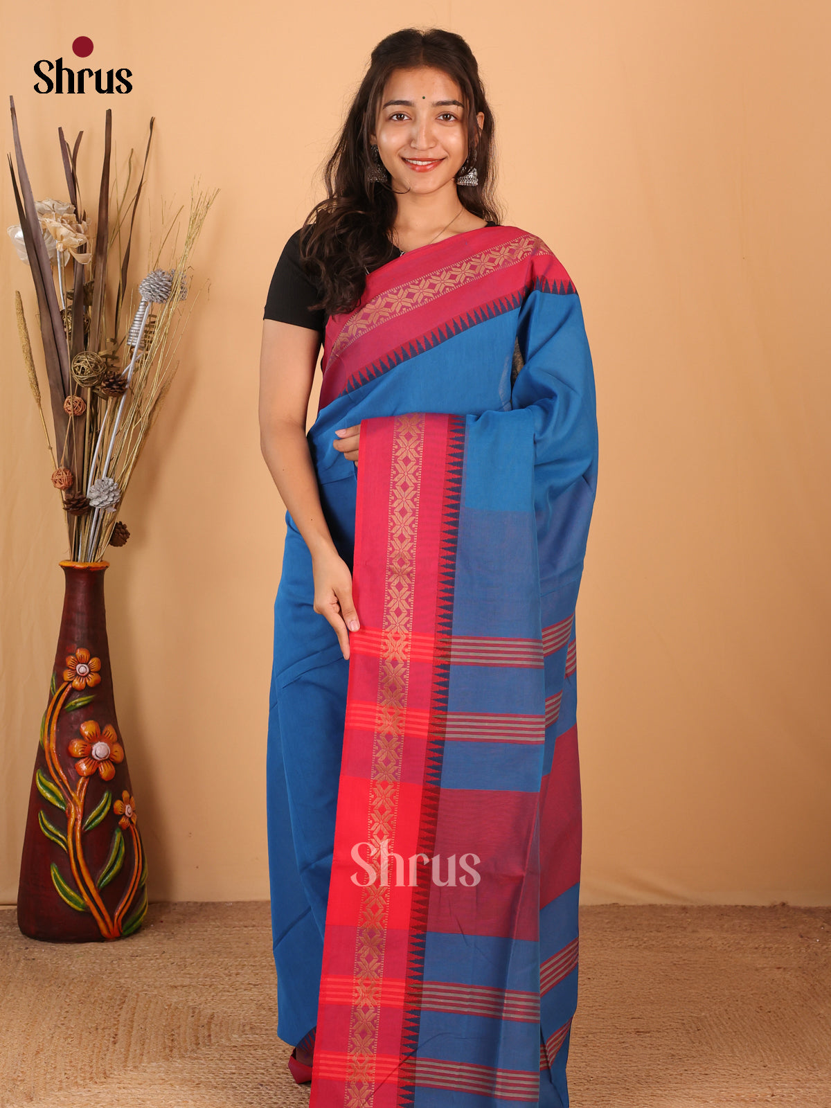 Blue & Red - Bengal cotton Saree - Shop on Shrus.com