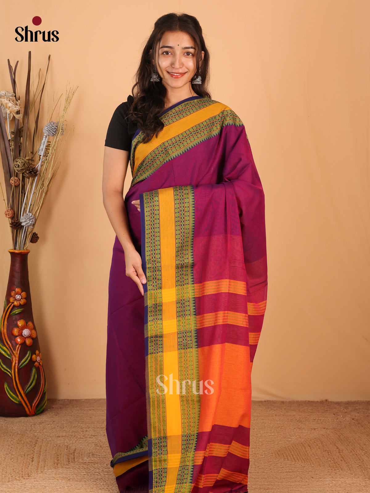 Purple & Green - Bengal cotton Saree - Shop on Shrus.com