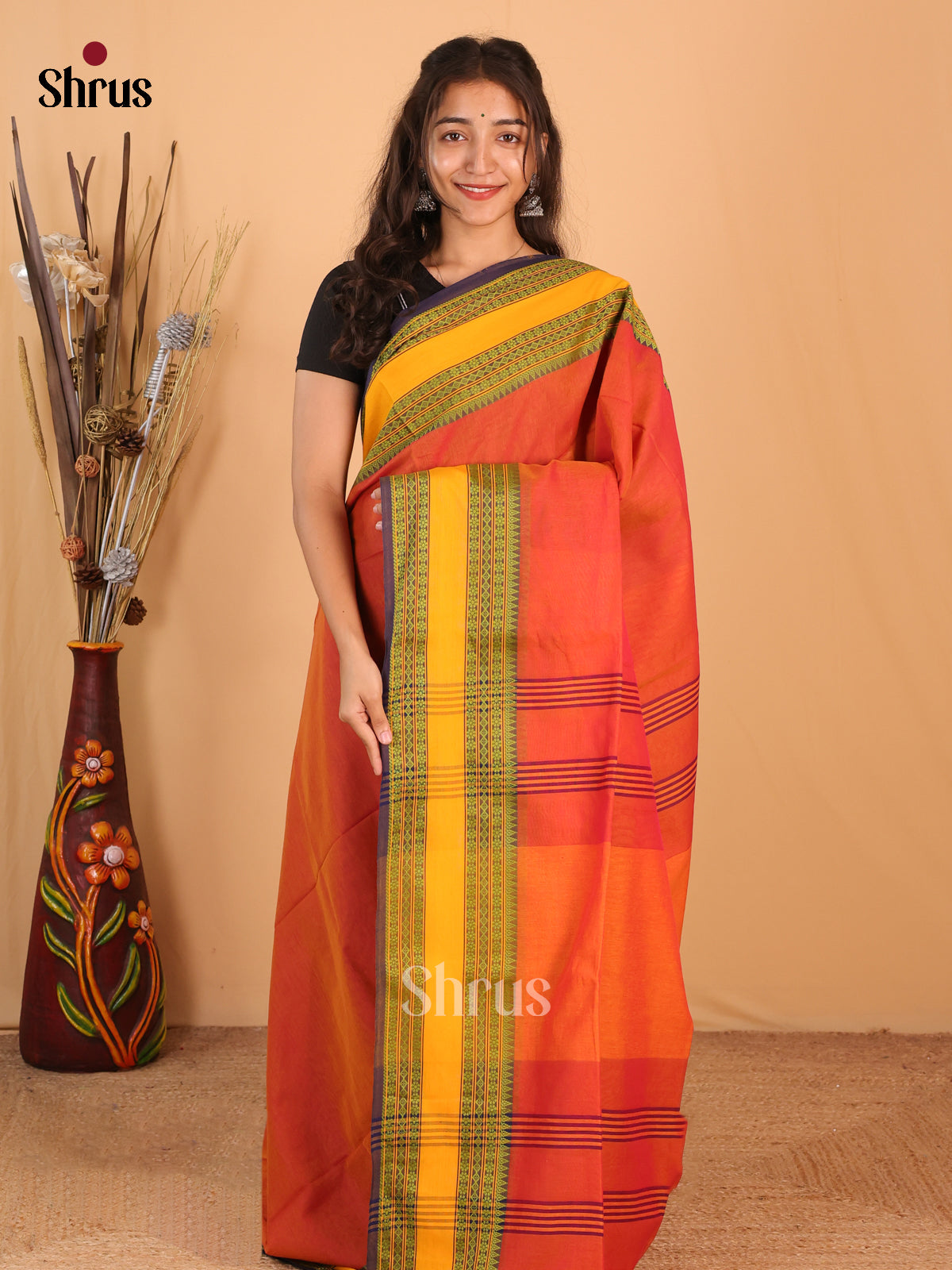 Orange & Green - Bengal cotton Saree - Shop on Shrus.com