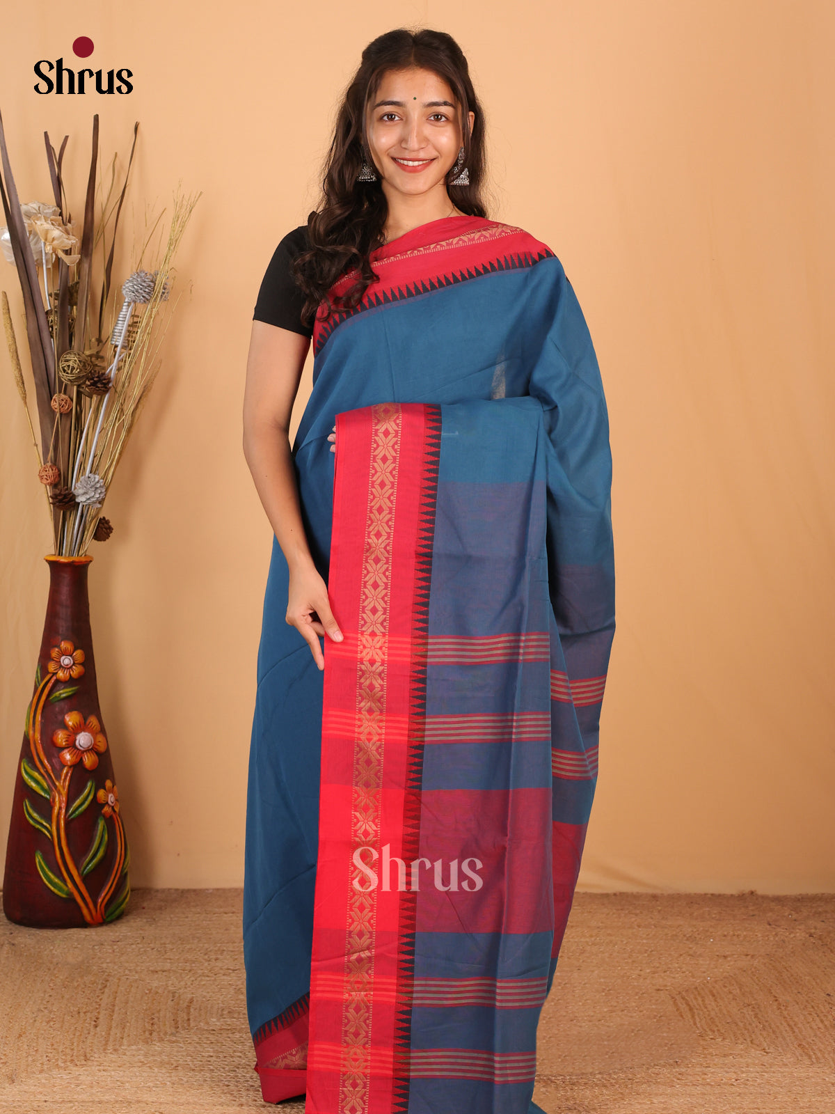 Blue & Red- Bengal cotton Saree - Shop on Shrus.com