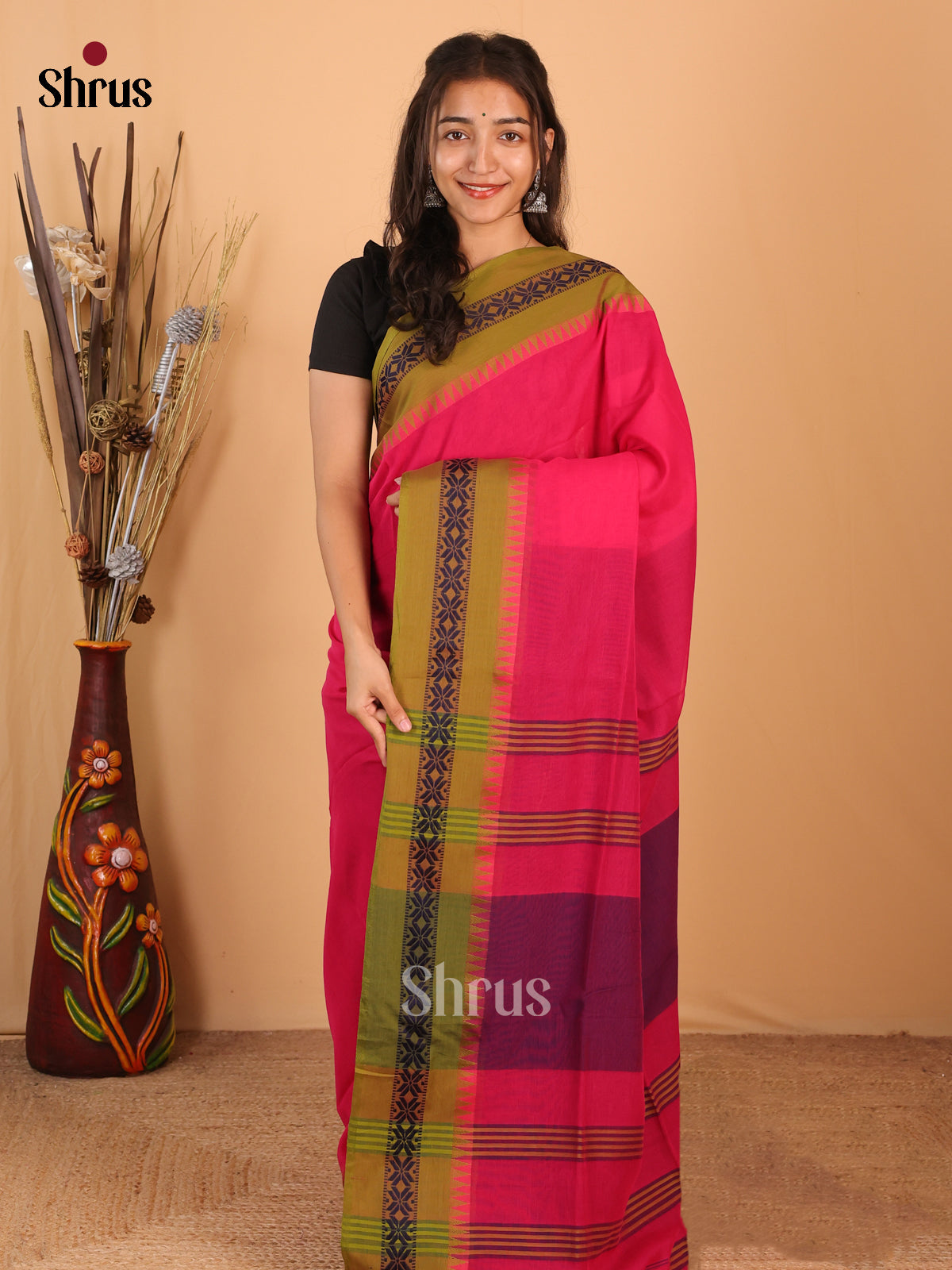 Pink & Green - Bengal cotton Saree - Shop on Shrus.com