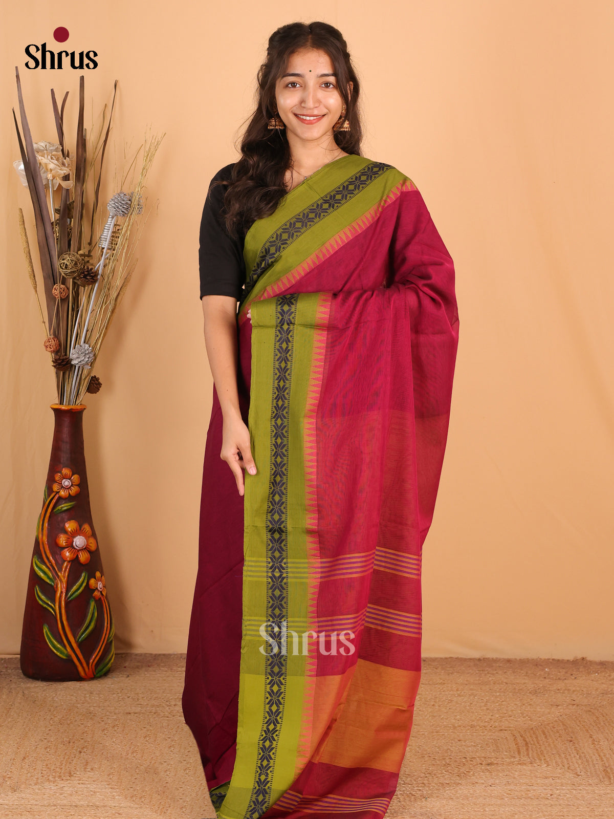 Maroon & Green - Bengal cotton Saree - Shop on Shrus.com
