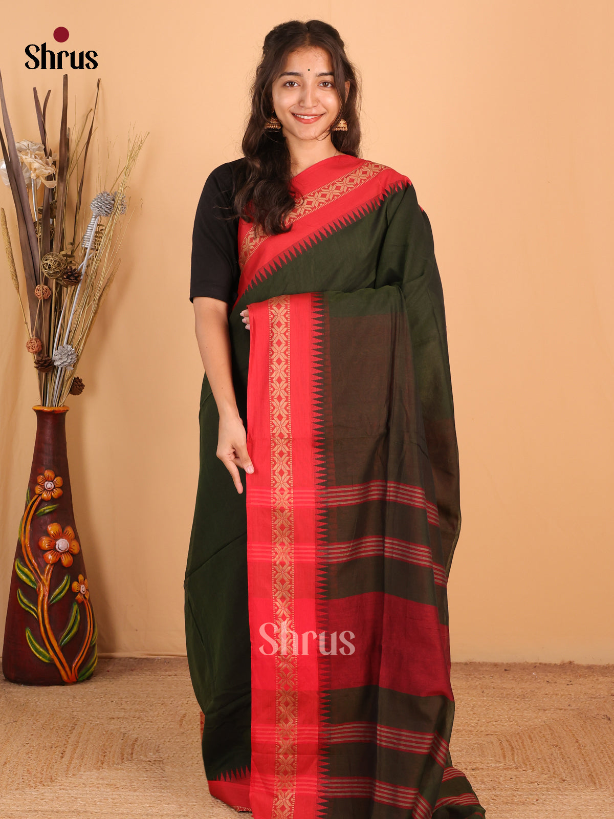 Dark Green & Red - Bengal cotton Saree - Shop on Shrus.com