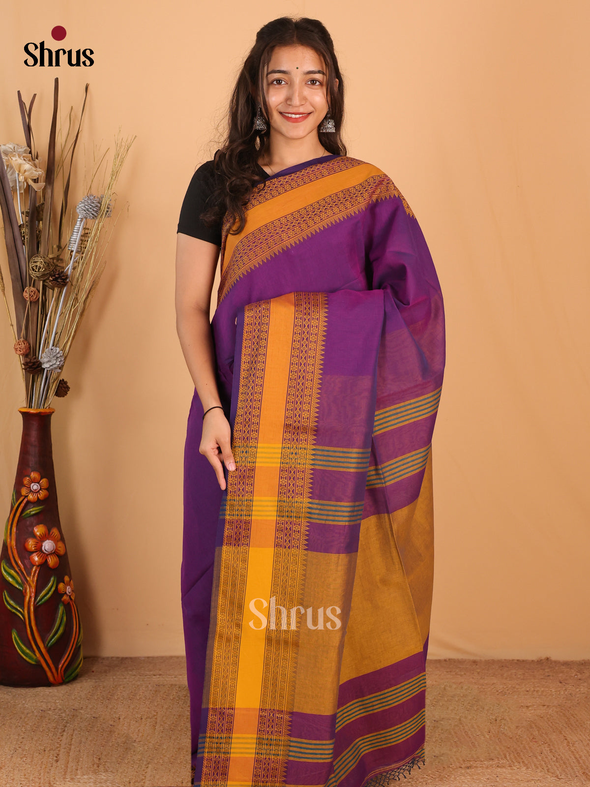 Purple & Mustard - Bengal cotton Saree - Shop on Shrus.com