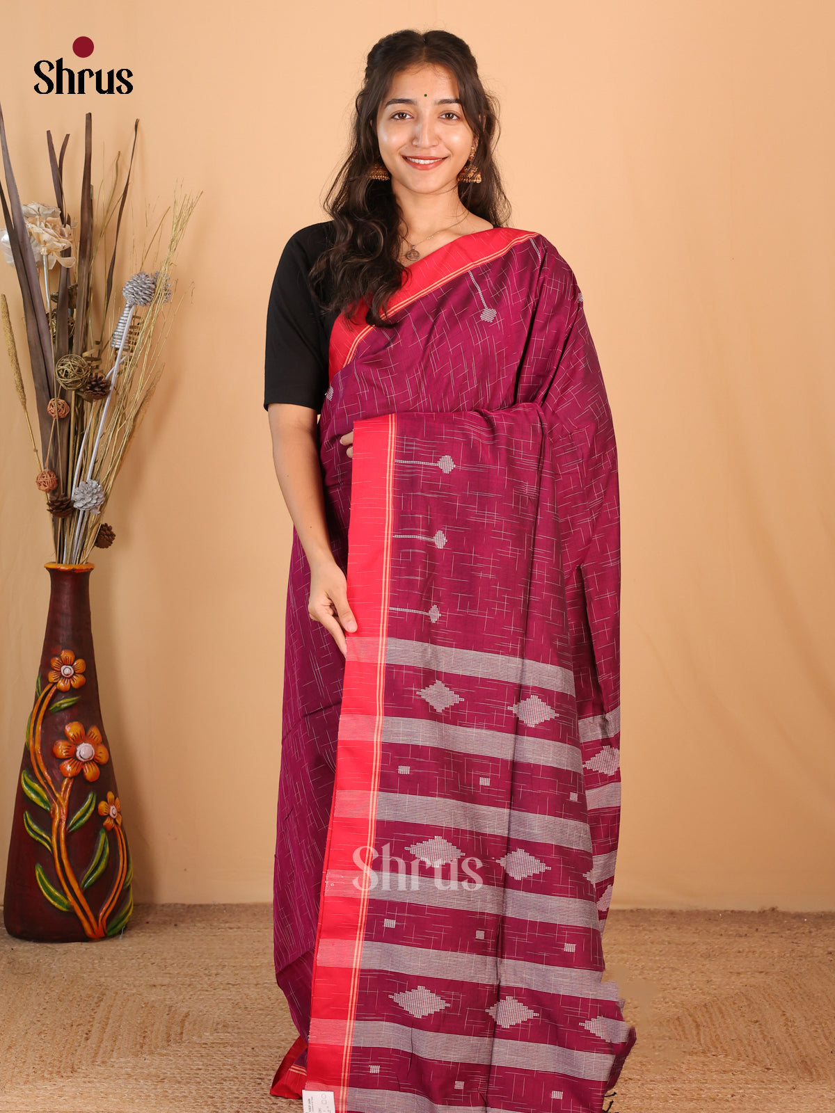 Wine & Red- Bengal cotton Saree - Shop on Shrus.com