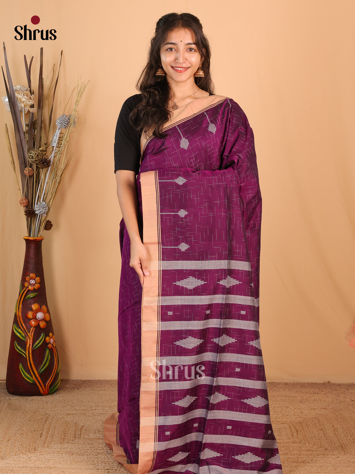 Purple & Beige - Bengal cotton Saree - Shop on Shrus.com