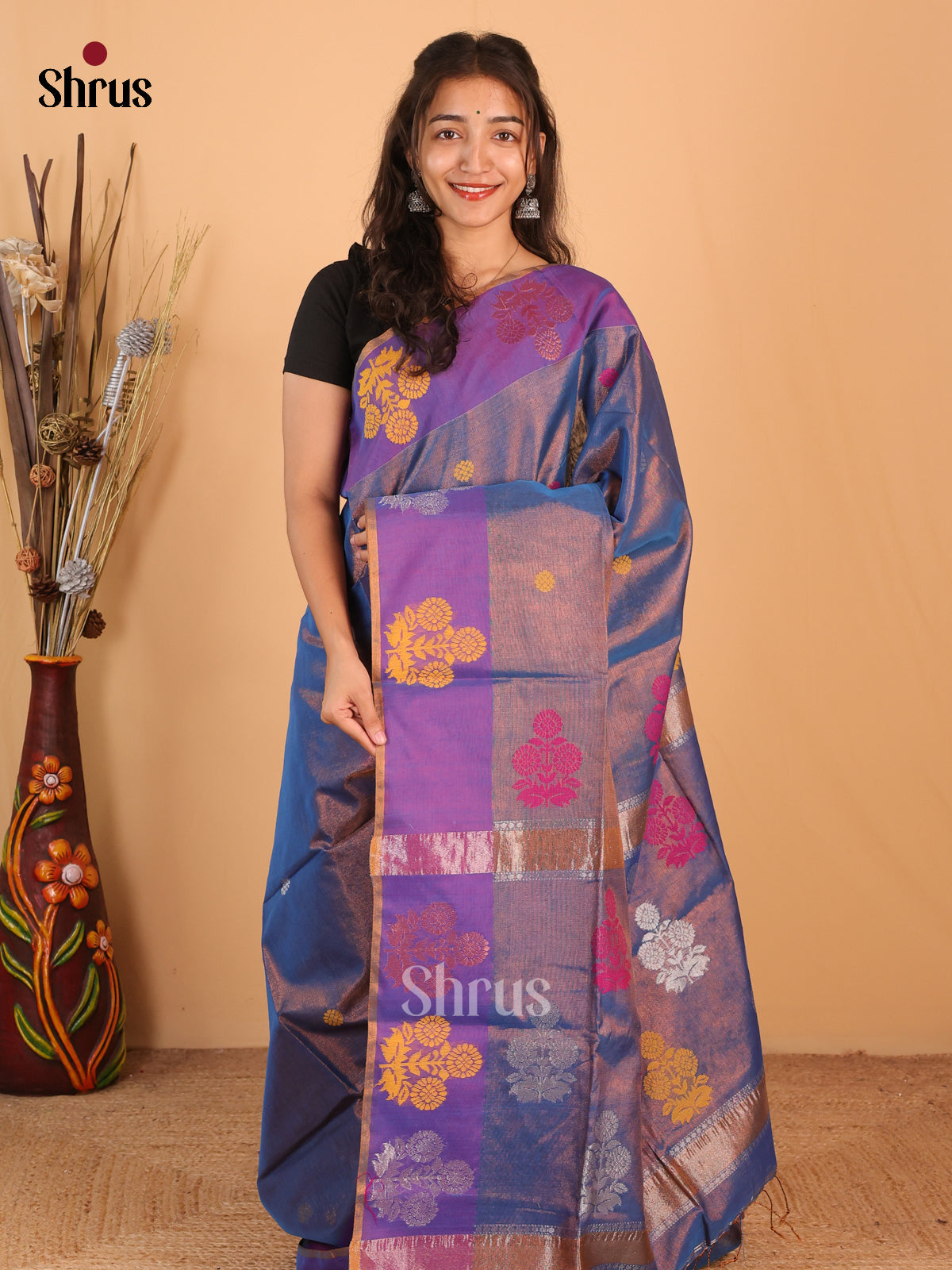 Blue & Purple - Bengal cotton Saree - Shop on Shrus.com