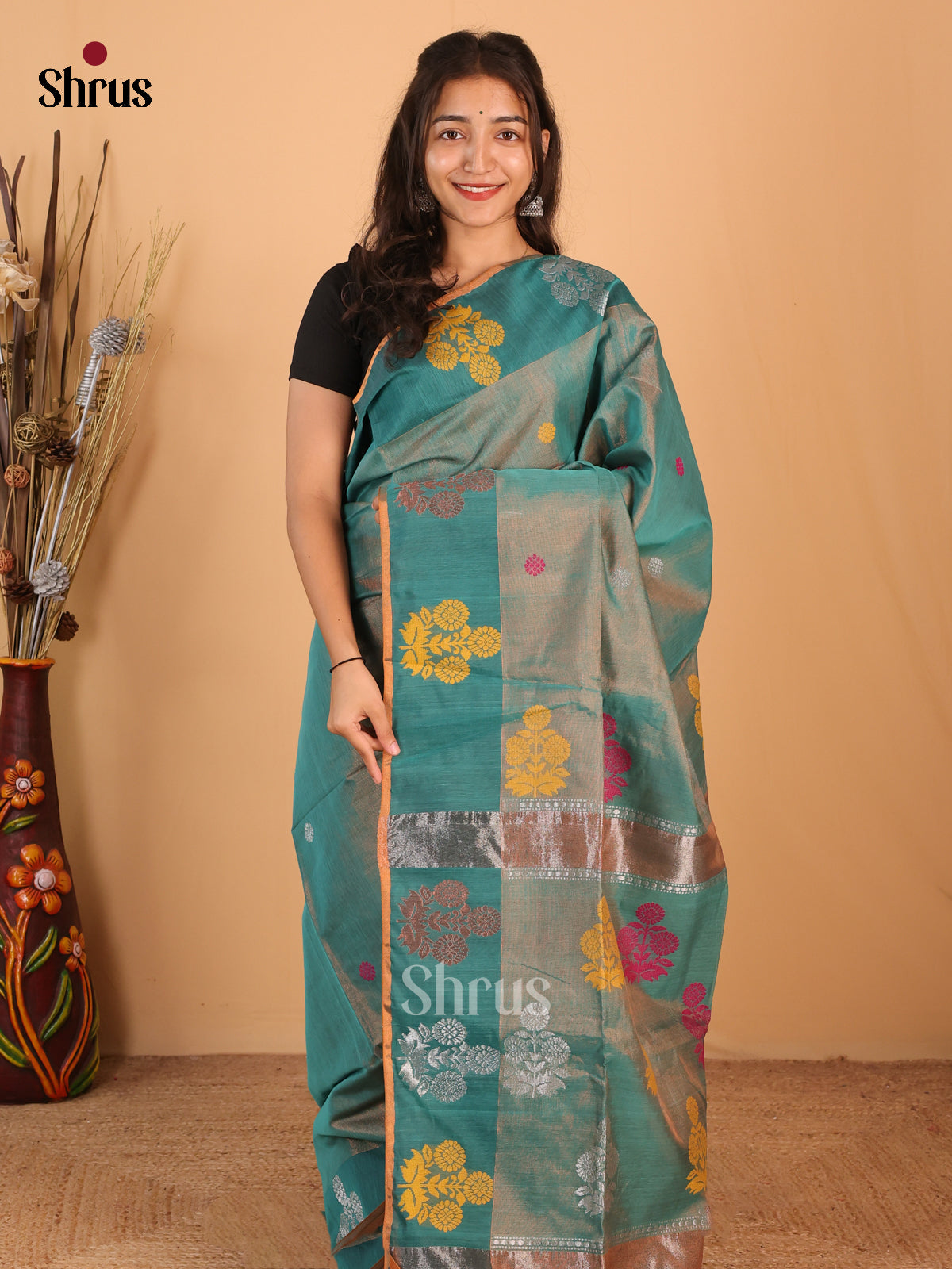 Blue & Green- Bengal cotton Saree - Shop on Shrus.com