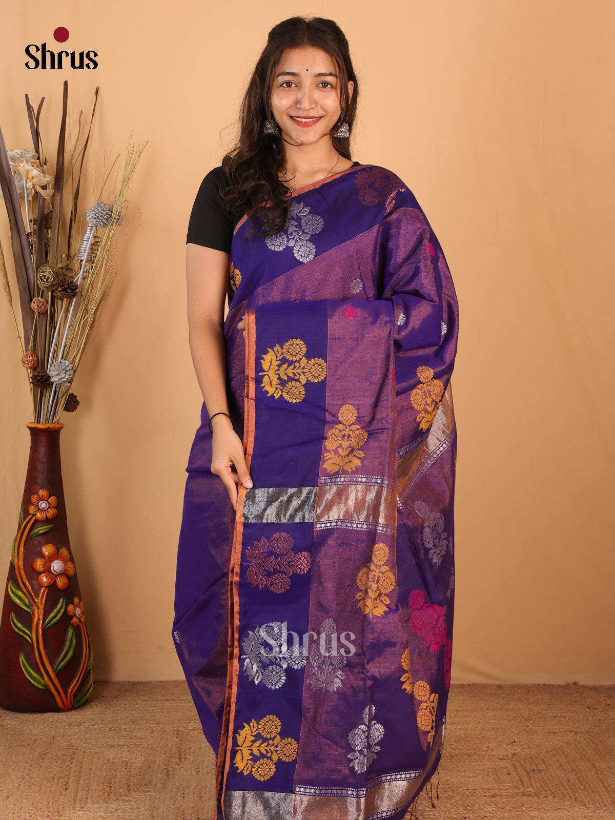Purple & Blue - Bengal cotton Saree - Shop on Shrus.com