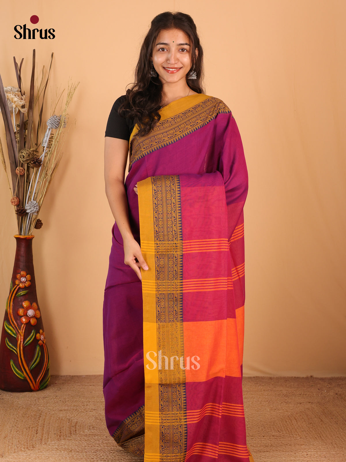 Purple & Orange - Bengal cotton Saree - Shop on Shrus.com