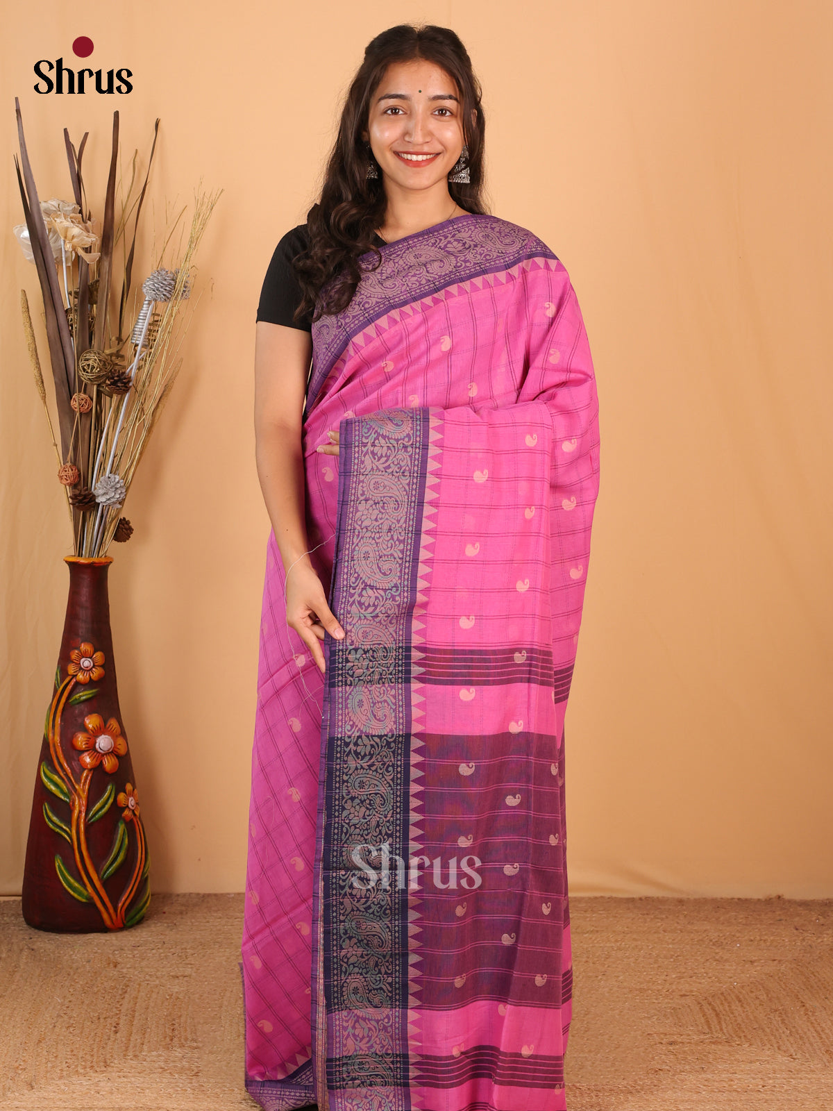 Pink & Purple - Bengal cotton Saree - Shop on Shrus.com