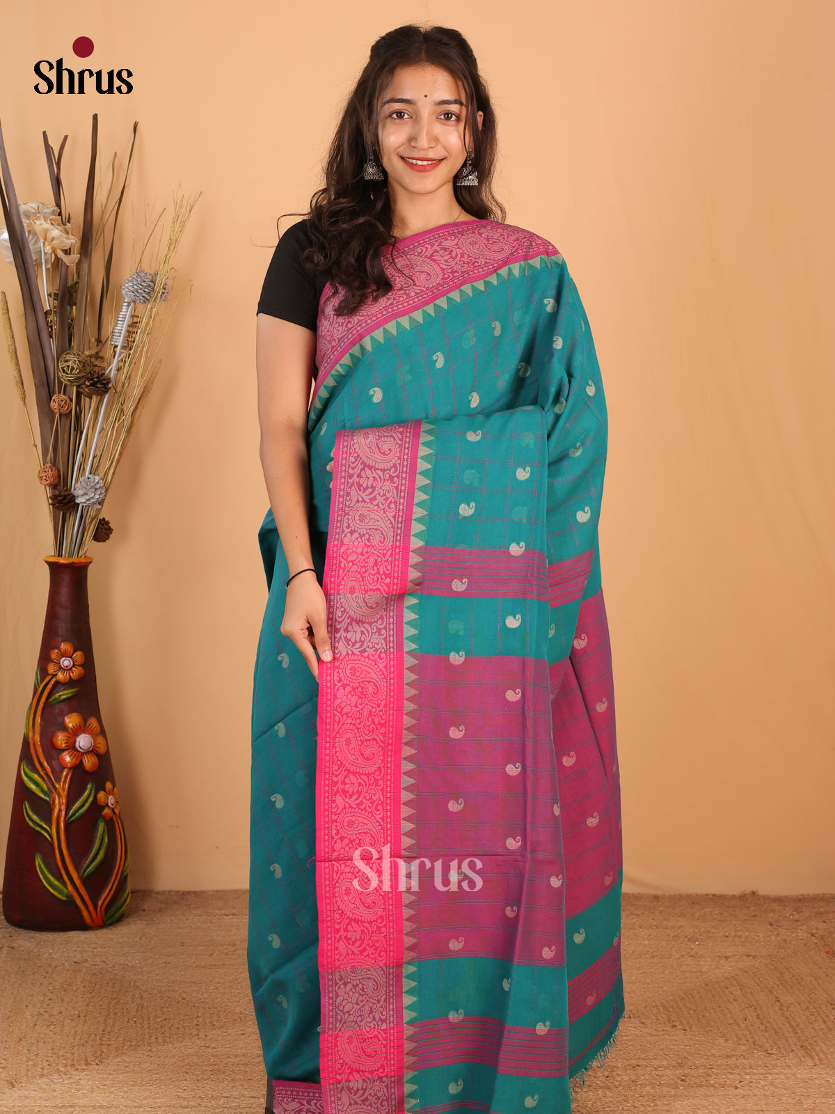 Teal & Pink - Bengal cotton Saree - Shop on Shrus.com