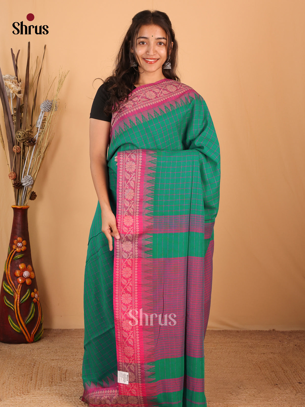 Green & Pink - Bengal cotton Saree - Shop on Shrus.com