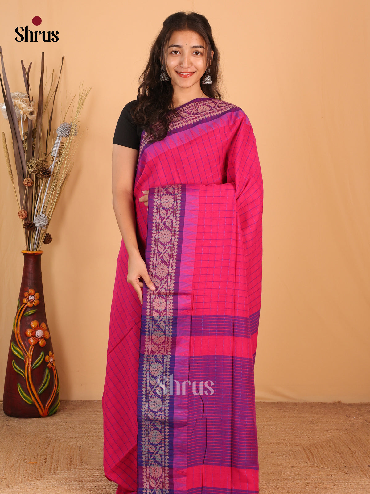 Pink & Purple - Bengal cotton Saree - Shop on Shrus.com