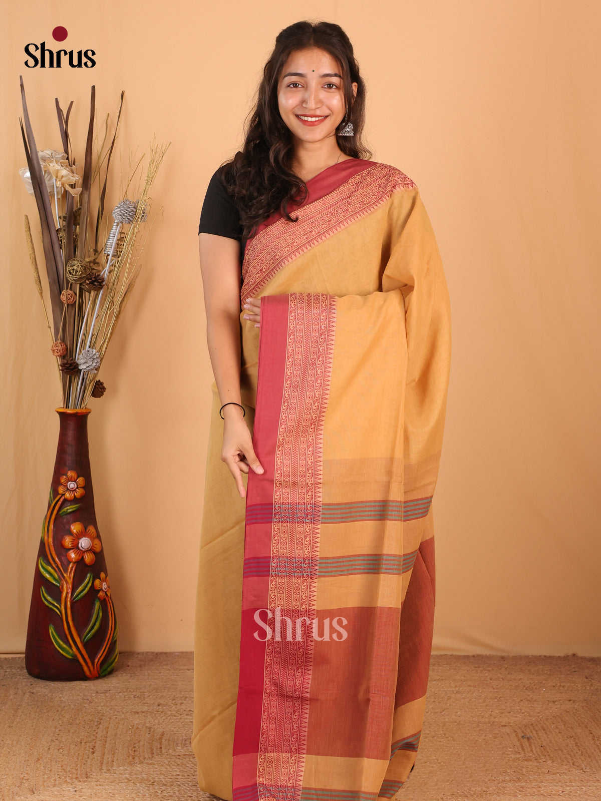 Sandal & Maroon - Bengal cotton Saree - Shop on Shrus.com