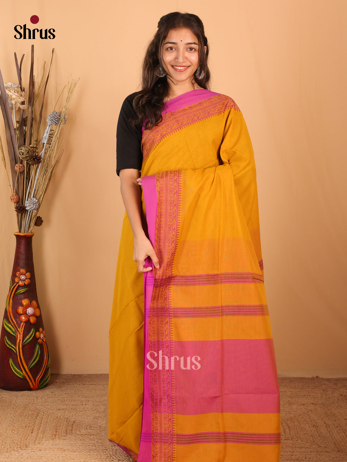 Mustard & Pink - Bengal cotton Saree - Shop on Shrus.com