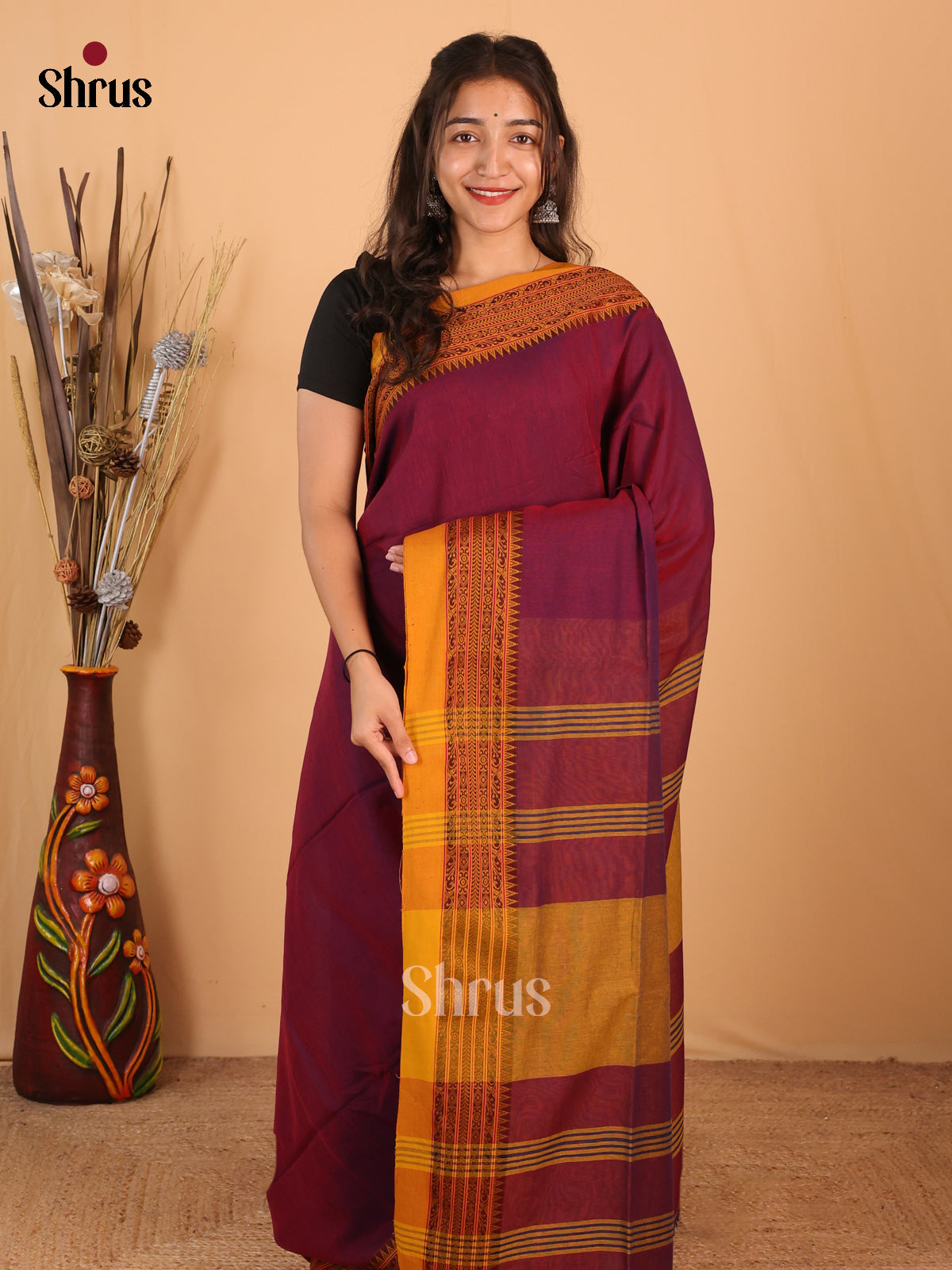Maroon & Mustard- Bengal cotton Saree - Shop on Shrus.com