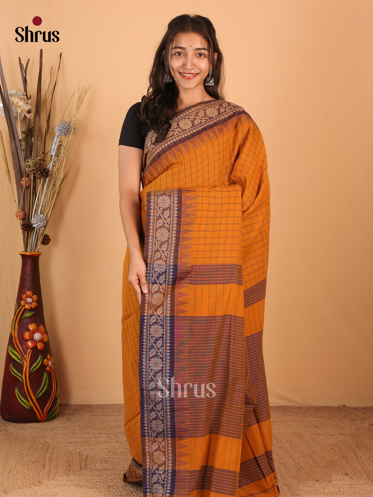 Brick Orange & Blue- Bengal cotton Saree - Shop on Shrus.com