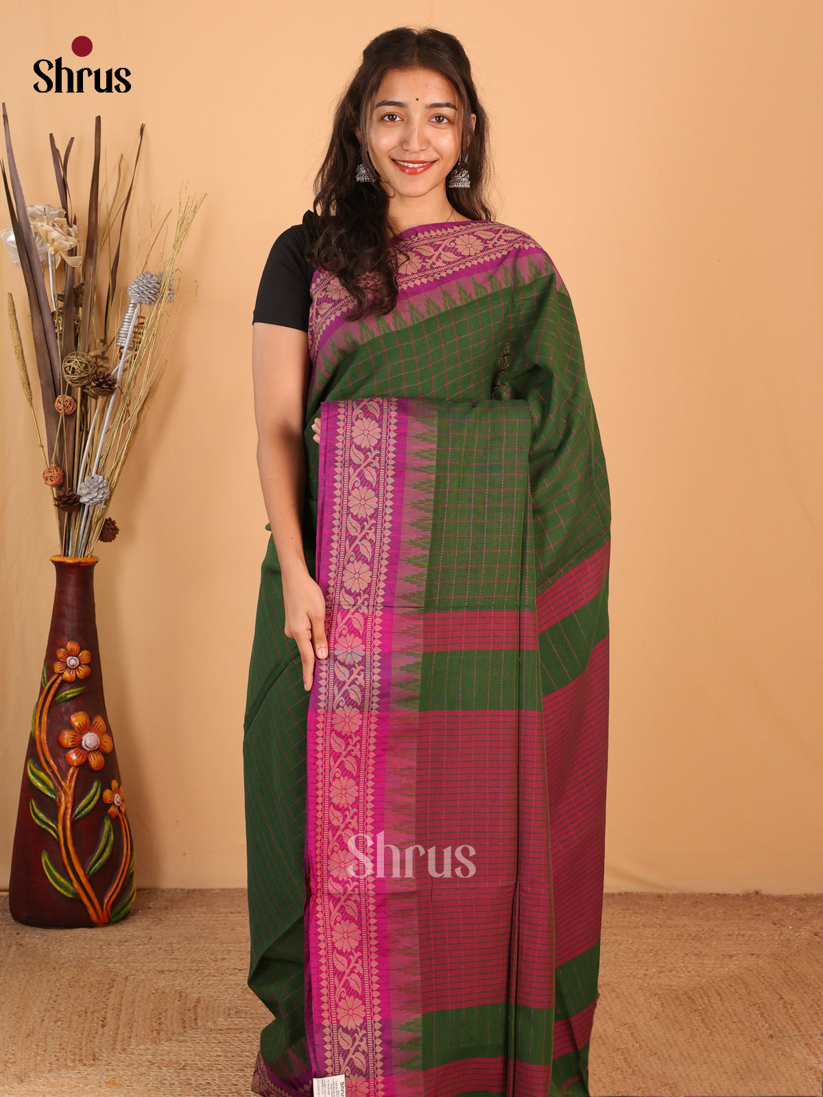 Green & Purple- Bengal cotton Saree - Shop on Shrus.com