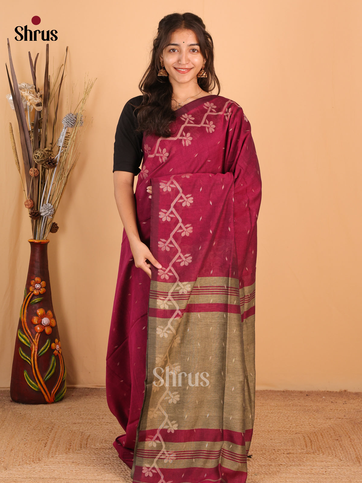 Wine & Grey - Bengal cotton Saree - Shop on Shrus.com