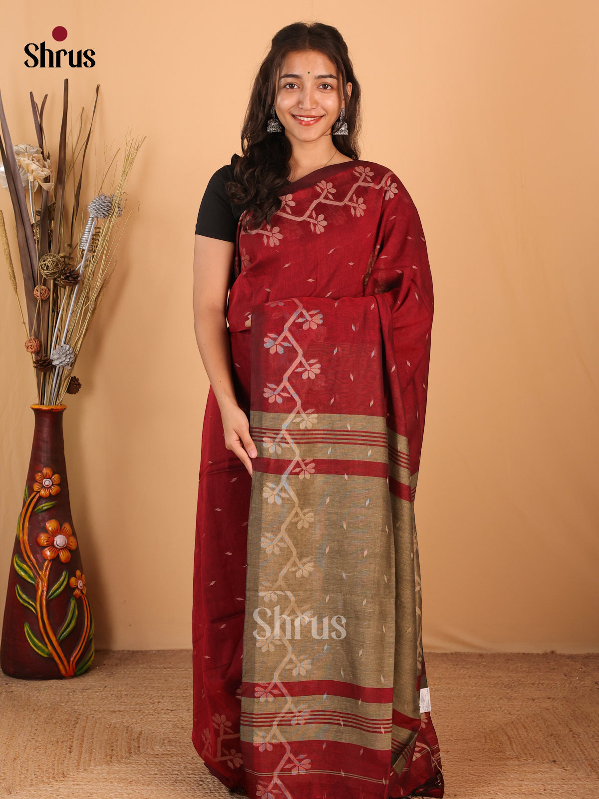 Maroon & Grey- Bengal cotton Saree - Shop on Shrus.com
