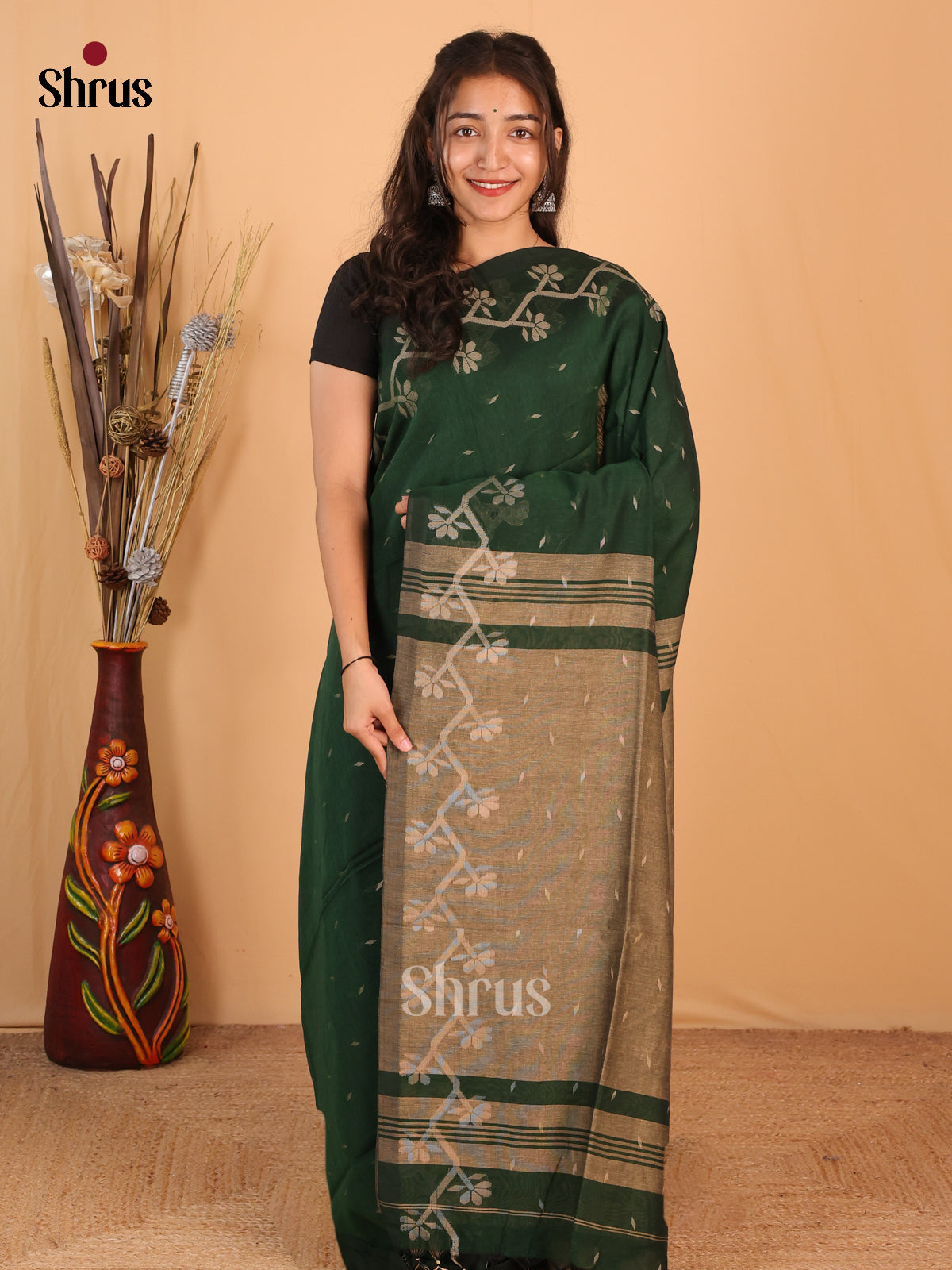 Green & Grey - Bengal cotton Saree - Shop on Shrus.com