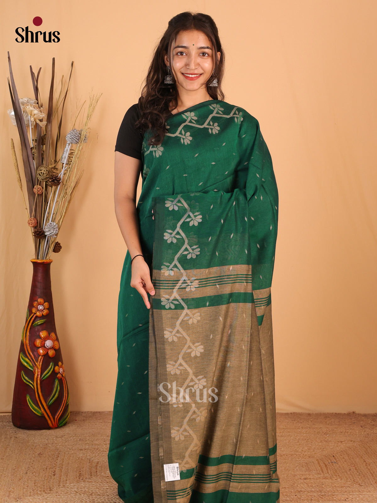 Green & Grey- Bengal cotton Saree - Shop on Shrus.com