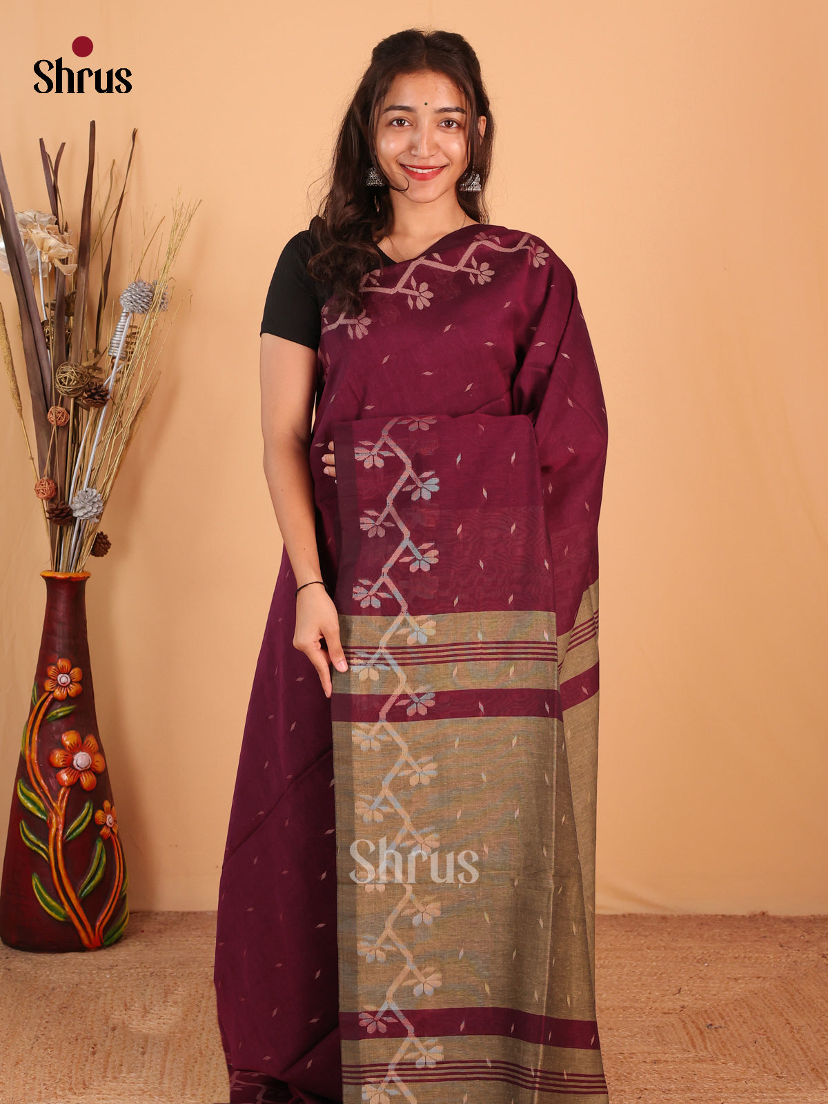Wine & Grey - Bengal cotton Saree - Shop on Shrus.com