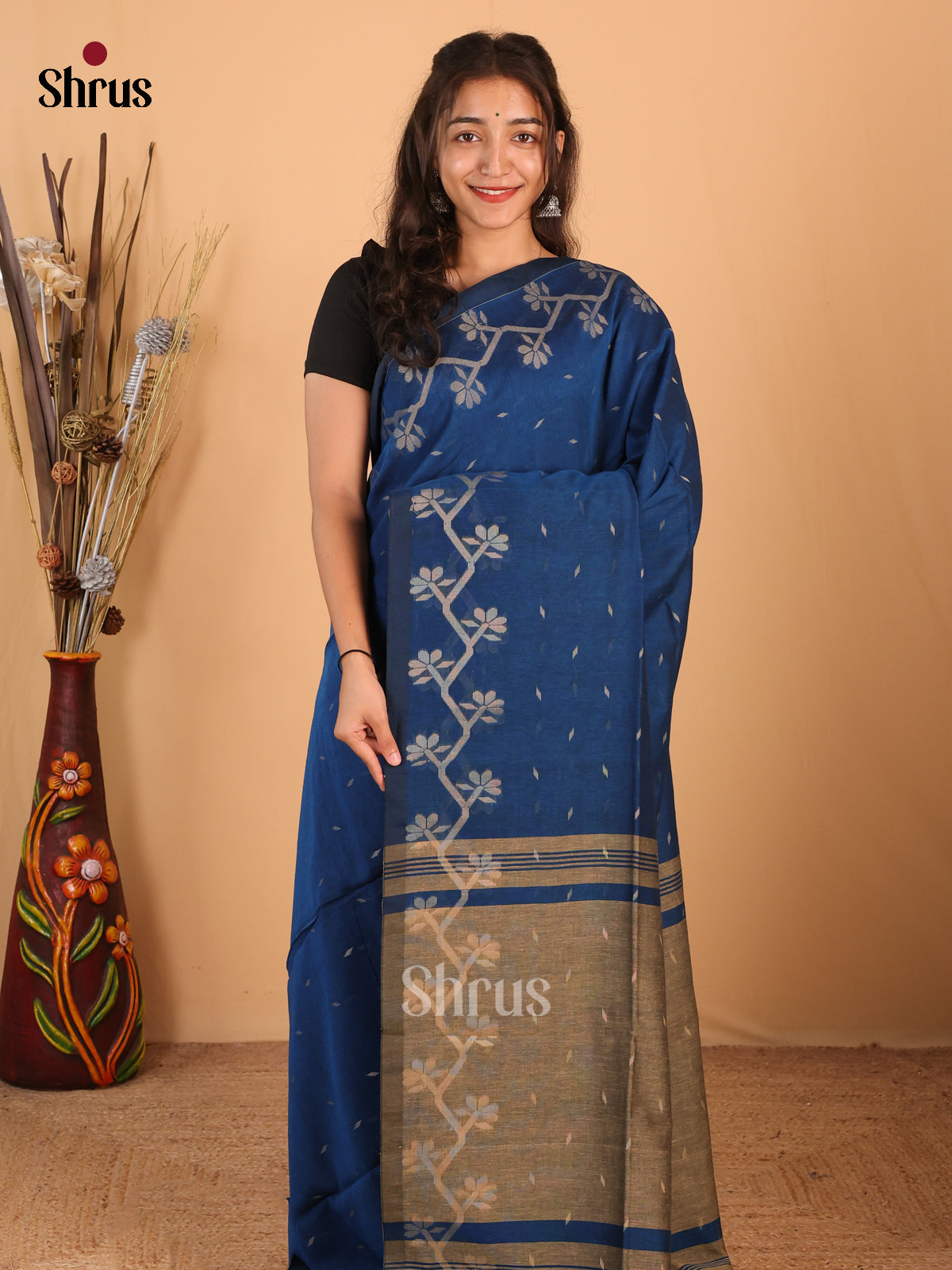 Blue & Grey- Bengal cotton Saree - Shop on Shrus.com