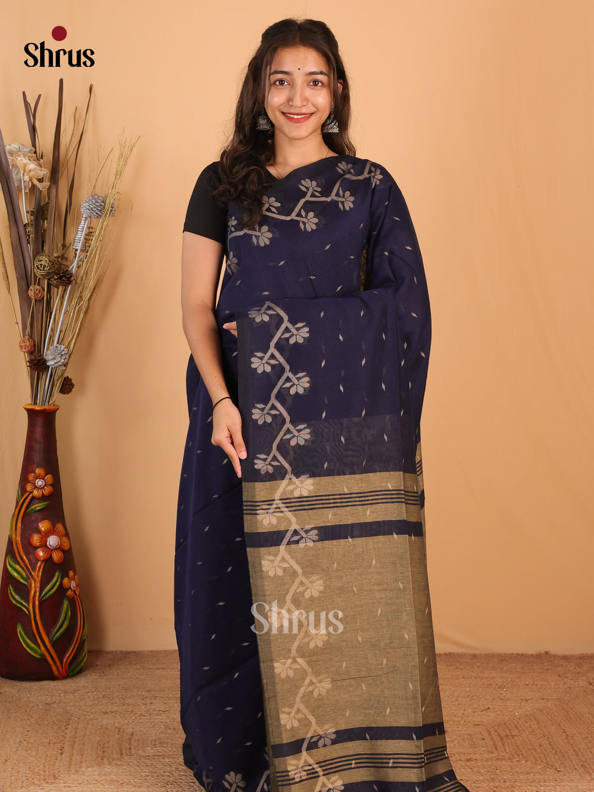 Blue & Grey - Bengal cotton Saree - Shop on Shrus.com