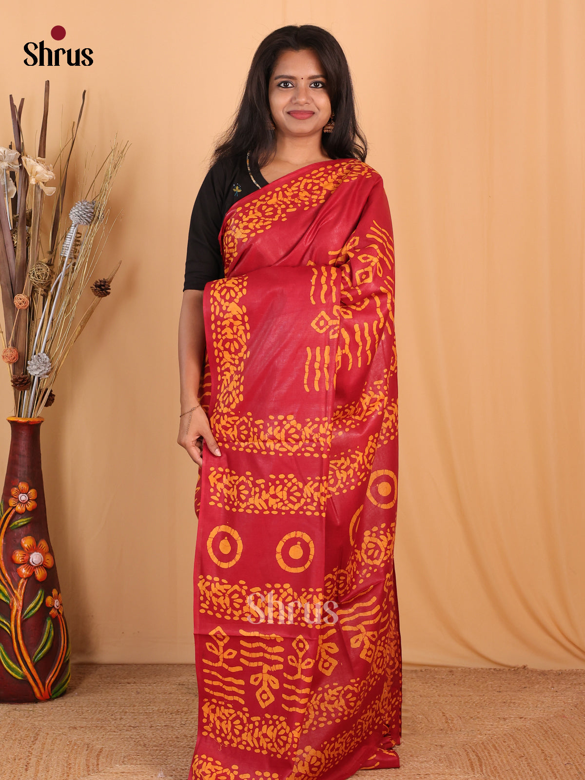Red & Mustard- Bhatik Saree - Shop on Shrus.com