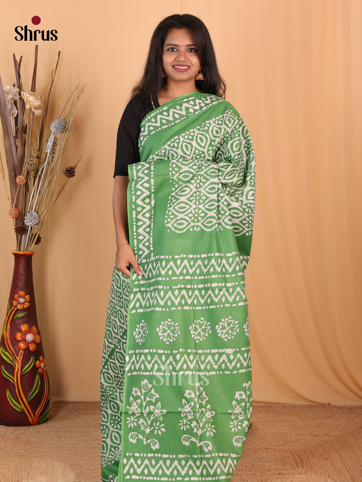 Green - Bhatik Saree - Shop on Shrus.com
