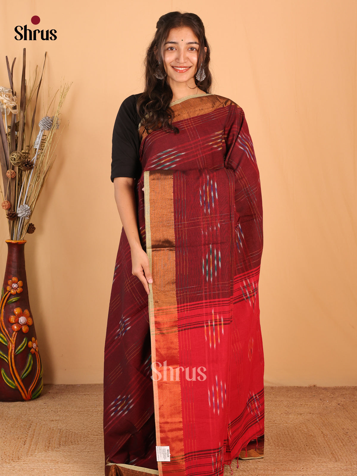 Brown & Red- Bengal cotton Saree - Shop on Shrus.com