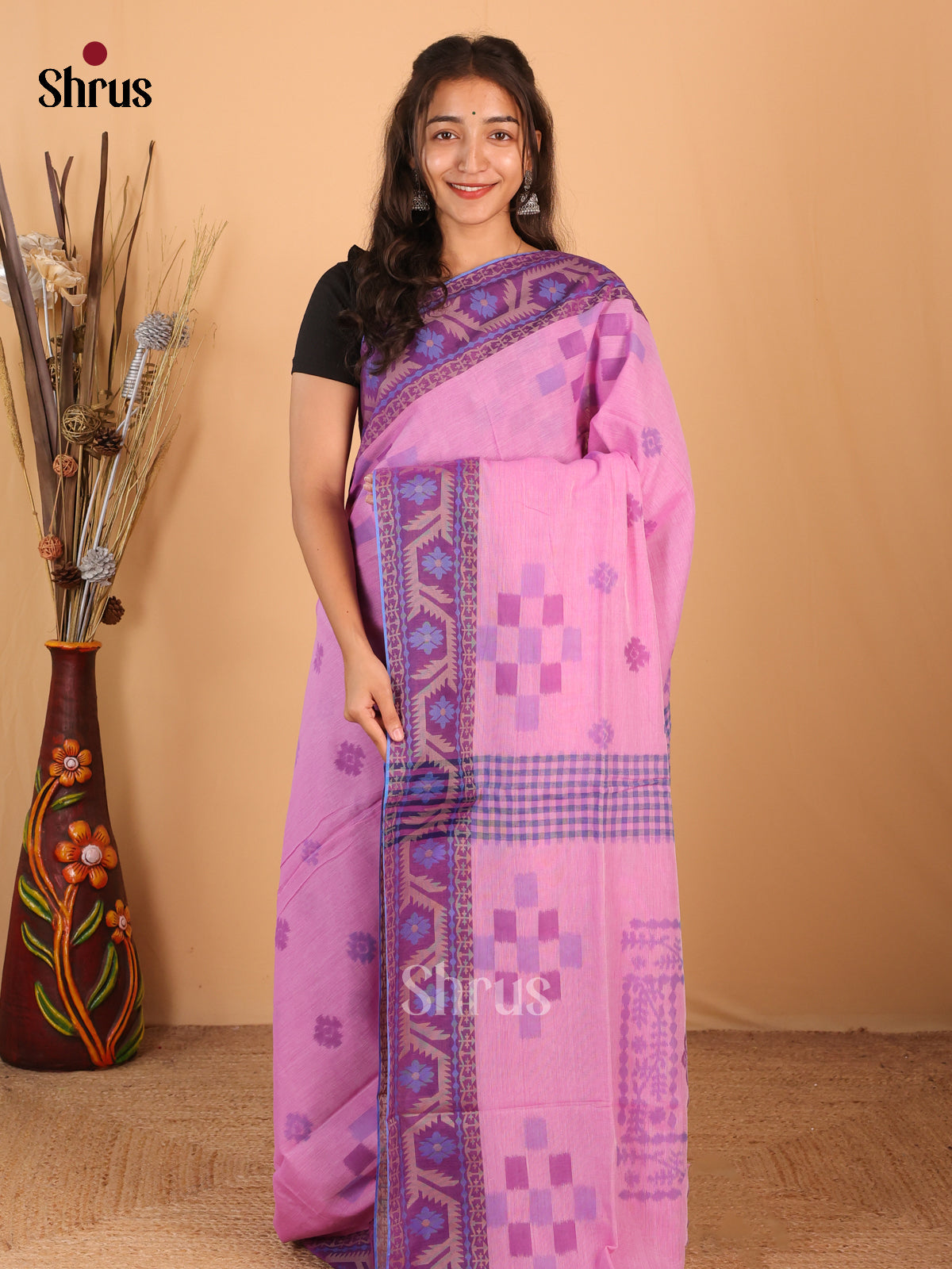 Pink & Purple - Bengal cotton Saree - Shop on Shrus.com