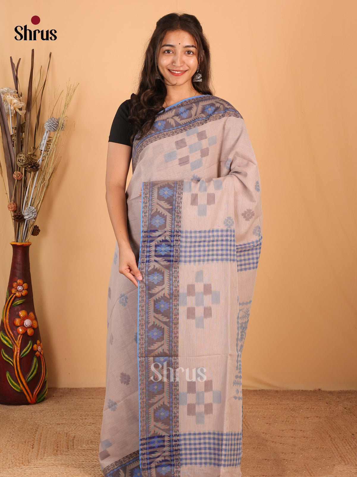 Cream & Grey - Bengal cotton Saree - Shop on Shrus.com