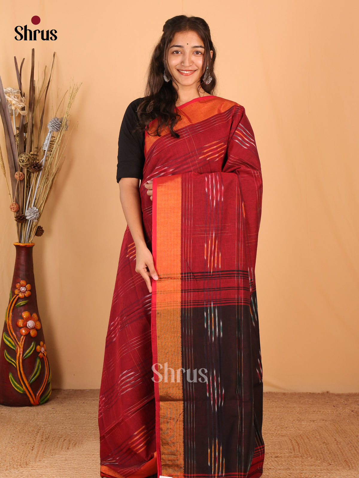 Maroon & Black - Bengal cotton Saree - Shop on Shrus.com