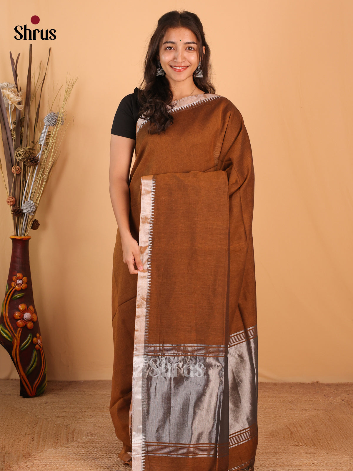 Brown- Bengal cotton Saree - Shop on Shrus.com