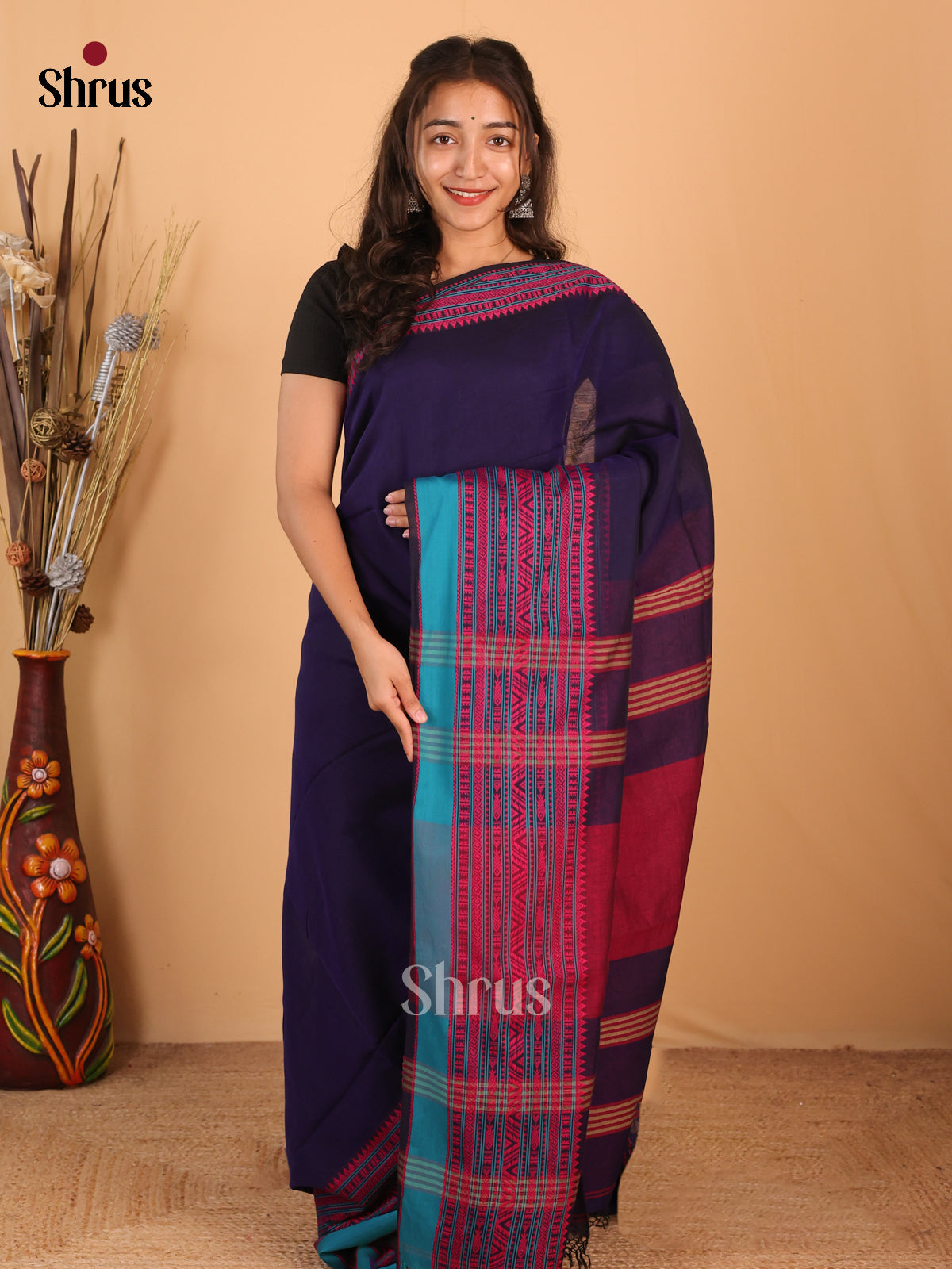 Blue & Maroon - Bengal cotton Saree - Shop on Shrus.com