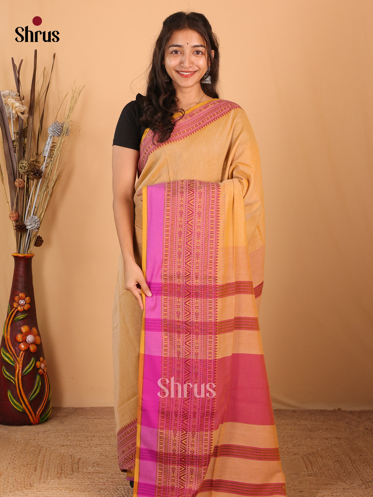 Sandal & Pink - Bengal cotton Saree - Shop on Shrus.com