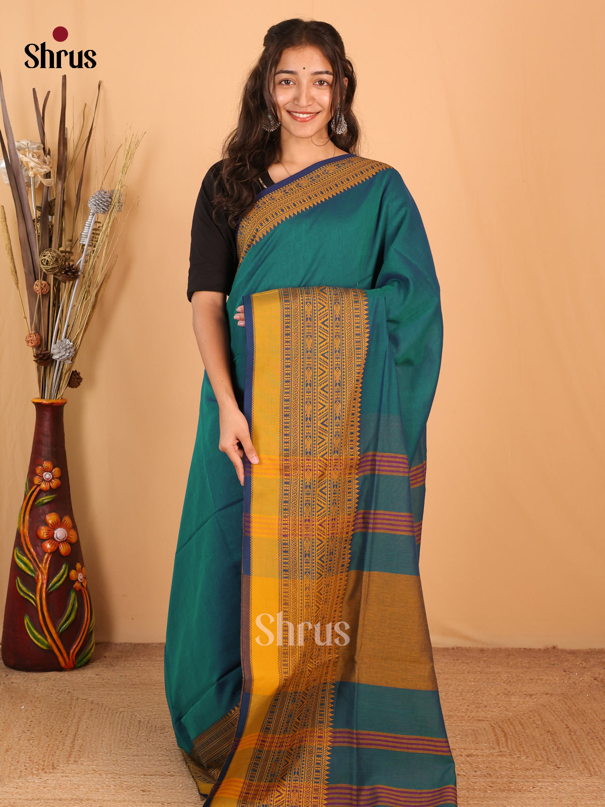 Green & Mustard - Bengal cotton Saree - Shop on Shrus.com