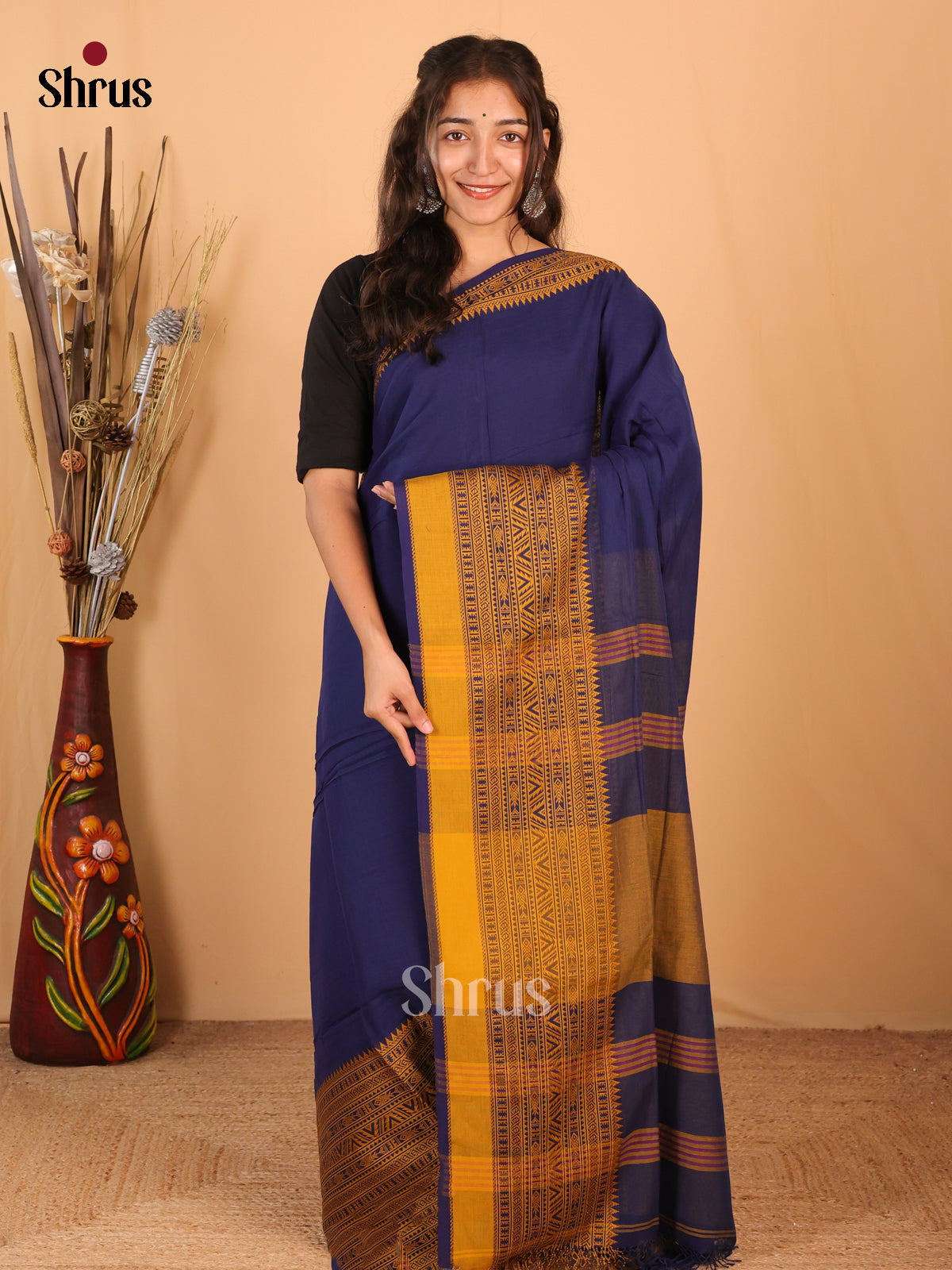 Blue & Mustard - Bengal cotton Saree - Shop on Shrus.com