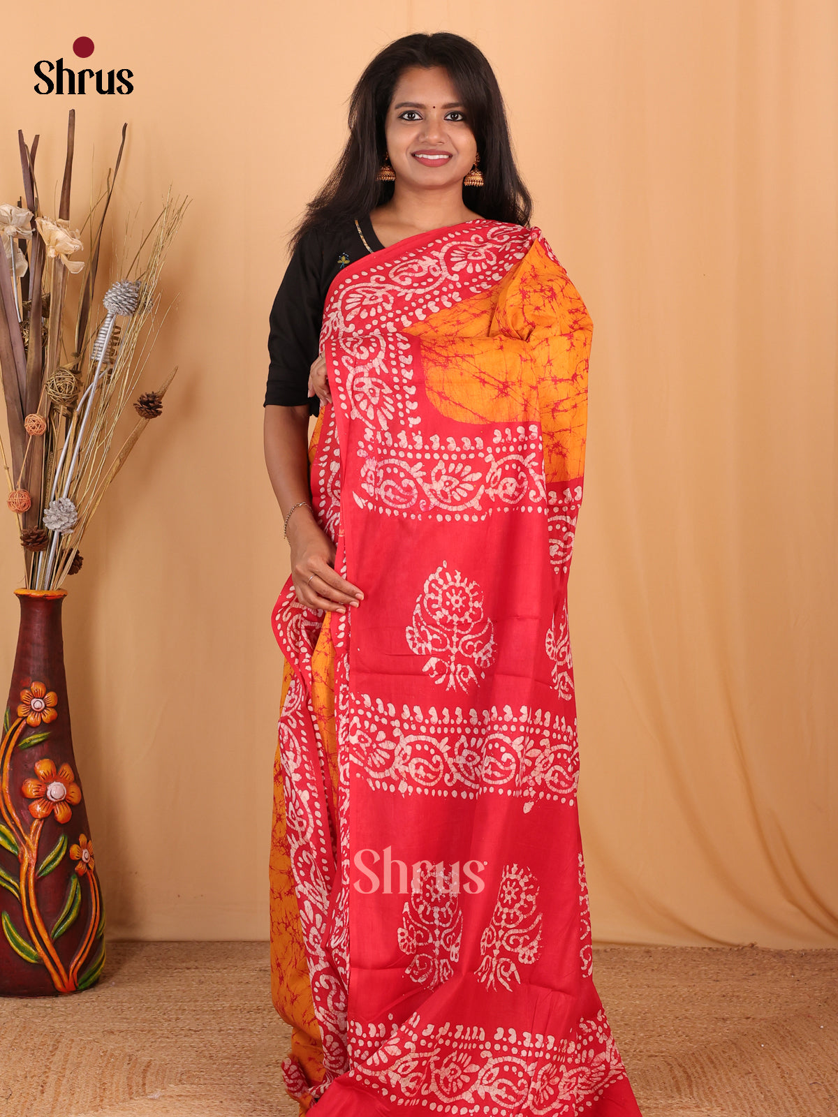 Mustard & Red - Bhatik Saree - Shop on Shrus.com